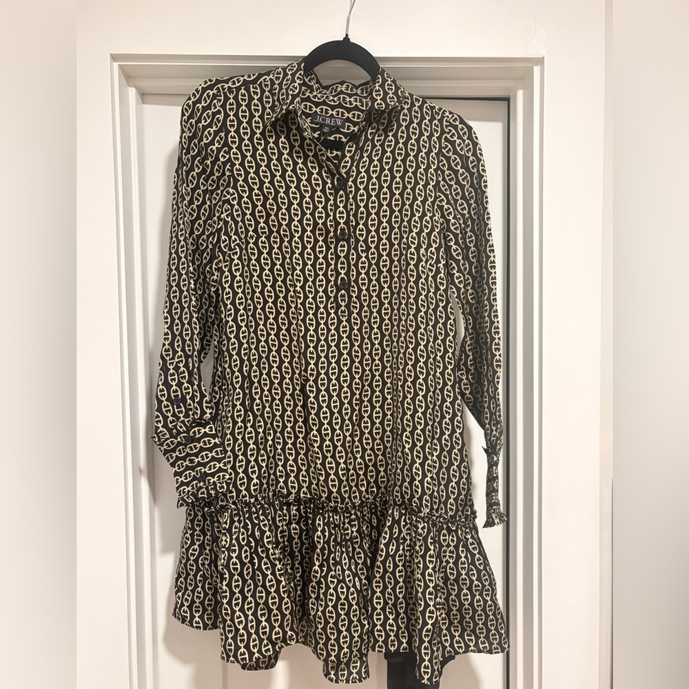 J. Crew Black and Cream Chain-Link Tiered Long-Sleeve Dress
